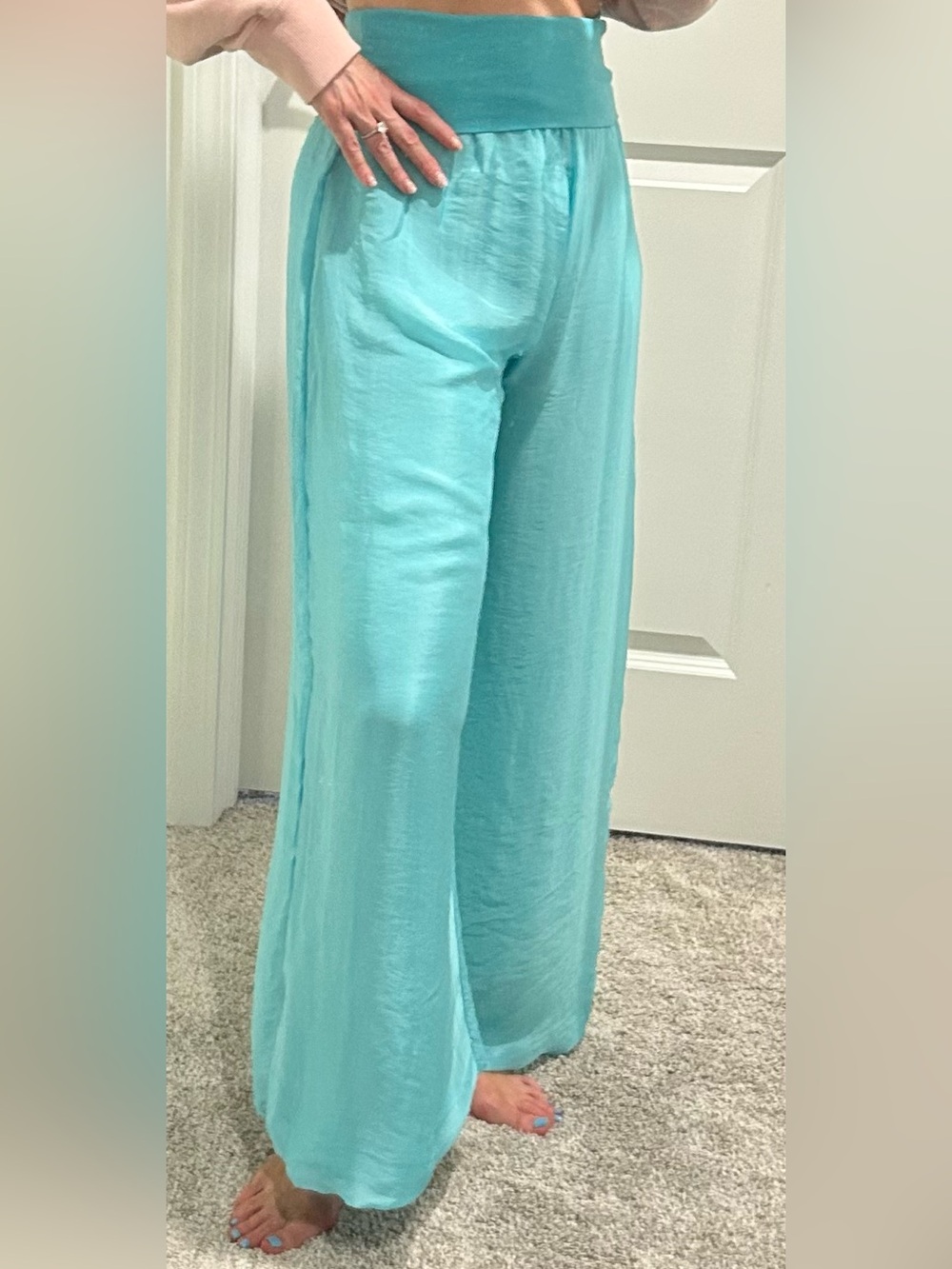 NWT Silk Viscose Aqua Wide-Leg Lounge Pants, Beachwear, OSFM stretch band waist